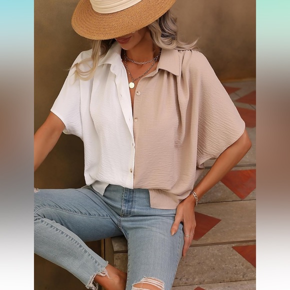 SHEIN Tops - NWOT Dual Tone White and Tan Button Up Blouse